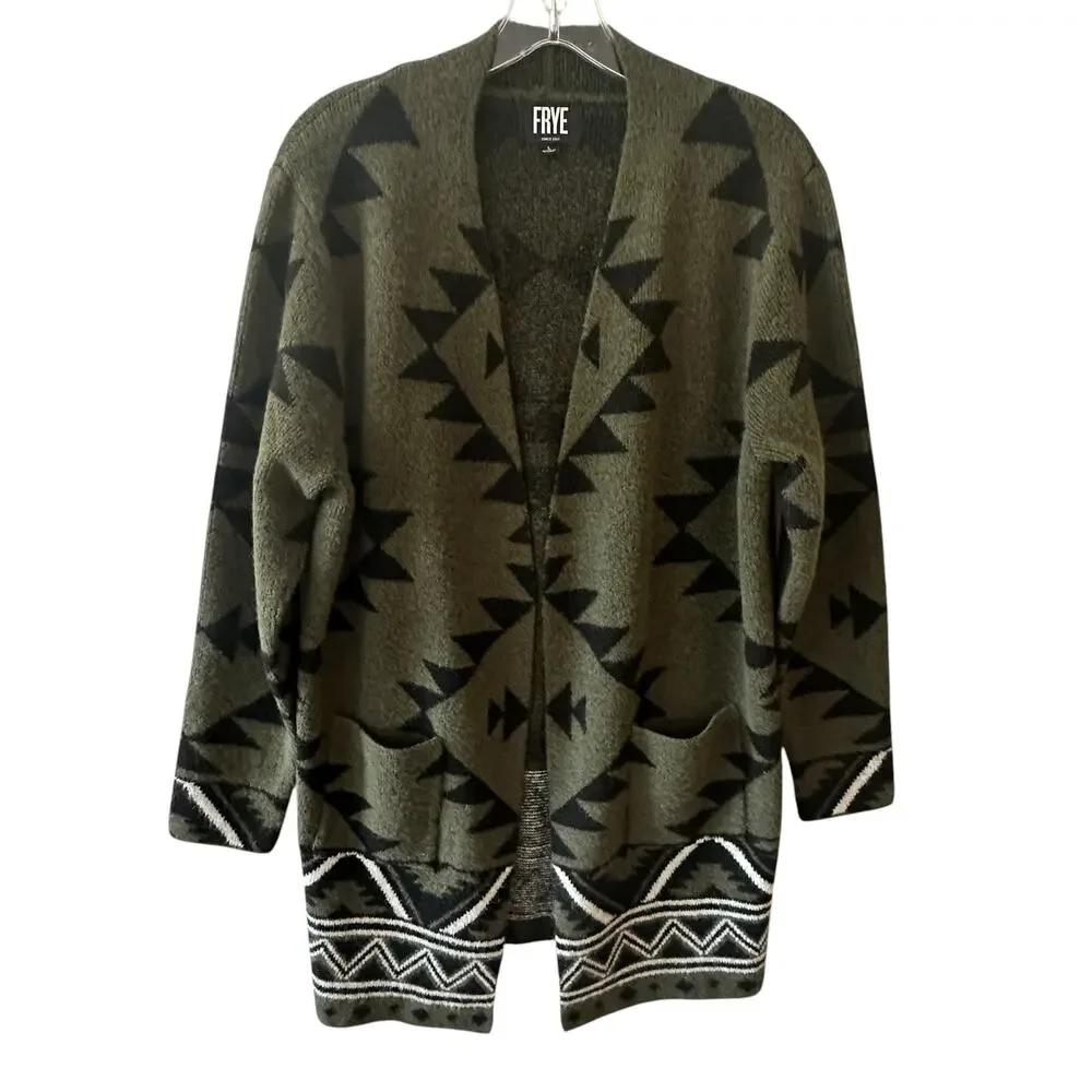 FRYE Western Cardigan Womens Large Olive Black Aztec Cozy Tribal Topper Sweater